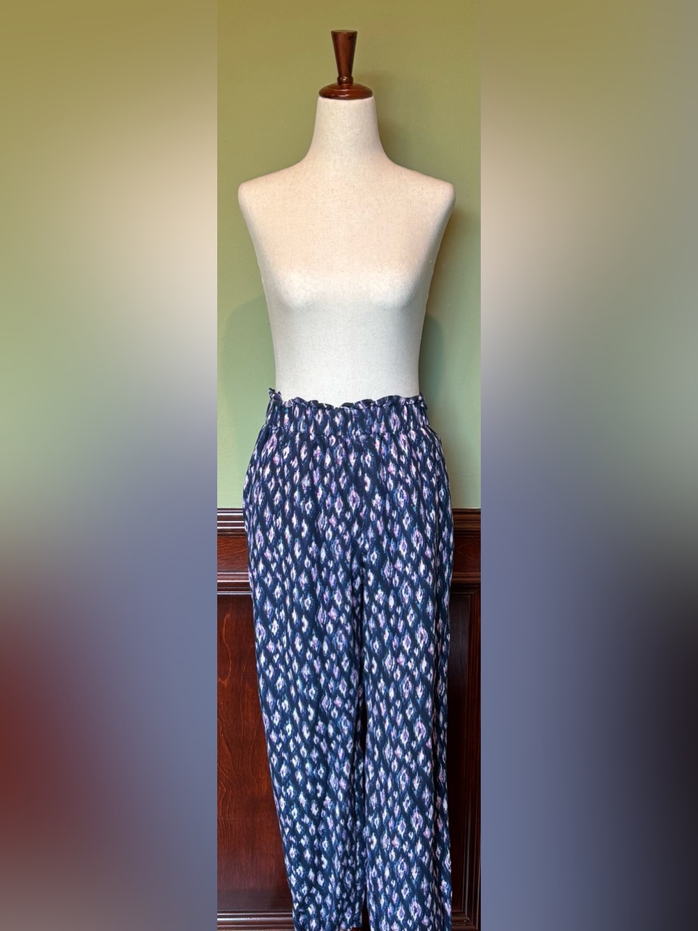 LOFT Navy Ikat Straight-Leg Pull-On Pants